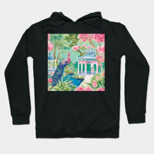 Peacock and pink pagoda chinoiserie garden Hoodie